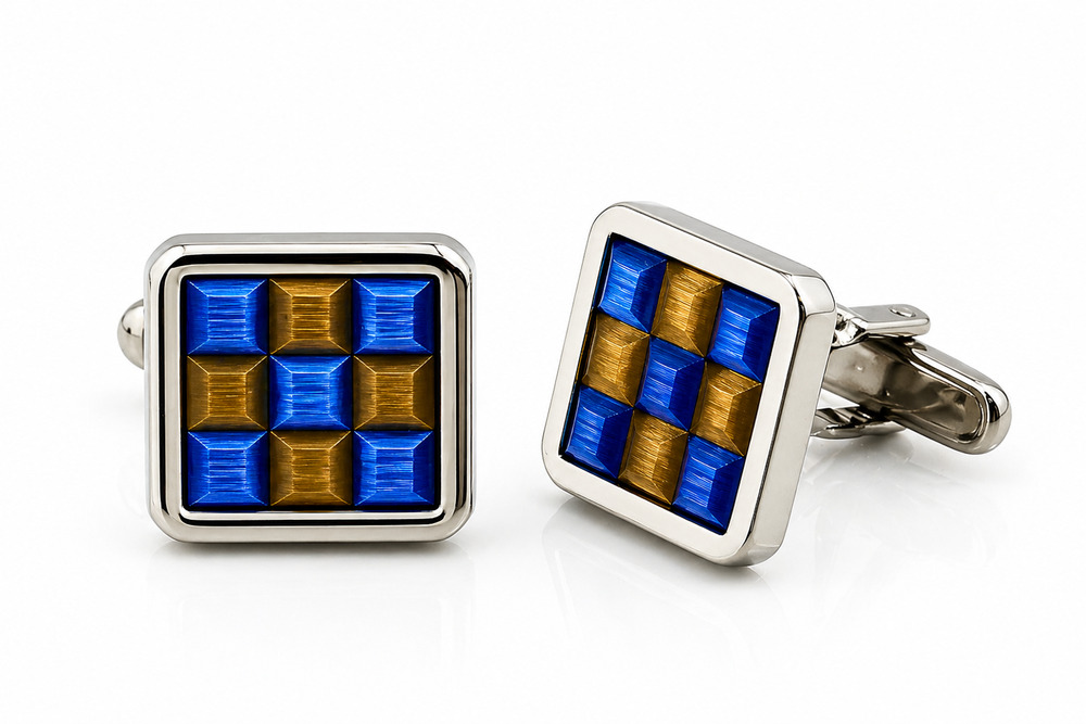 Men’s Silver Blue Gold Checkered Cufflinks Square Enamel Formal Dress